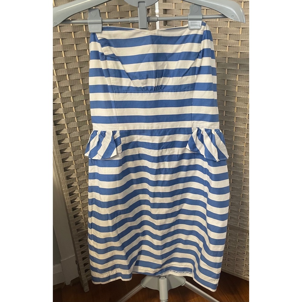 Lilly Pulitzer Blue White Striped Strapless Peplum Sheath Dress 10 28108 Cotton